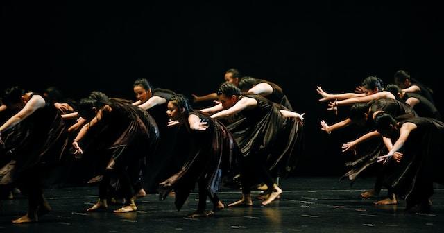 Grupo de profissionais enquanto dançam dança contemporânea com fundo escuro