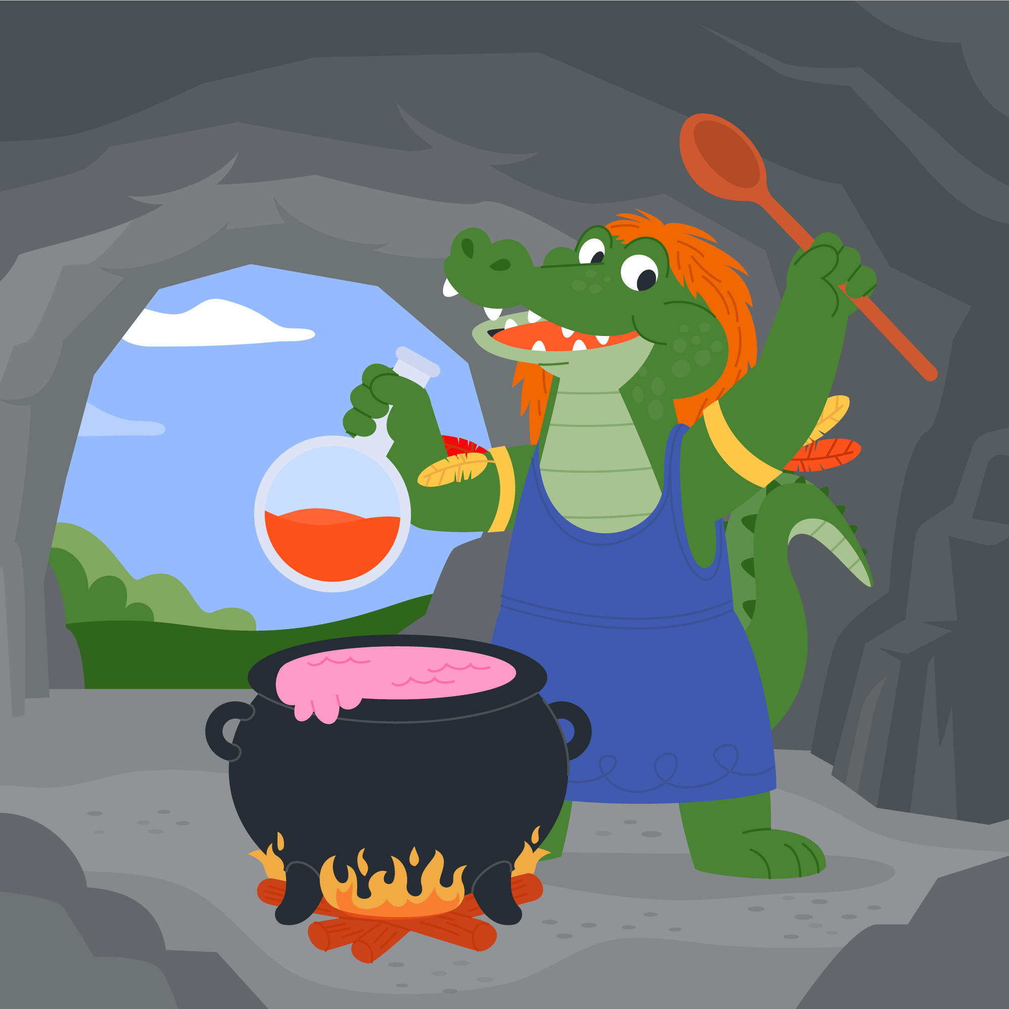 Personagem da cuca na caverna e cozinhando no caldeirão.