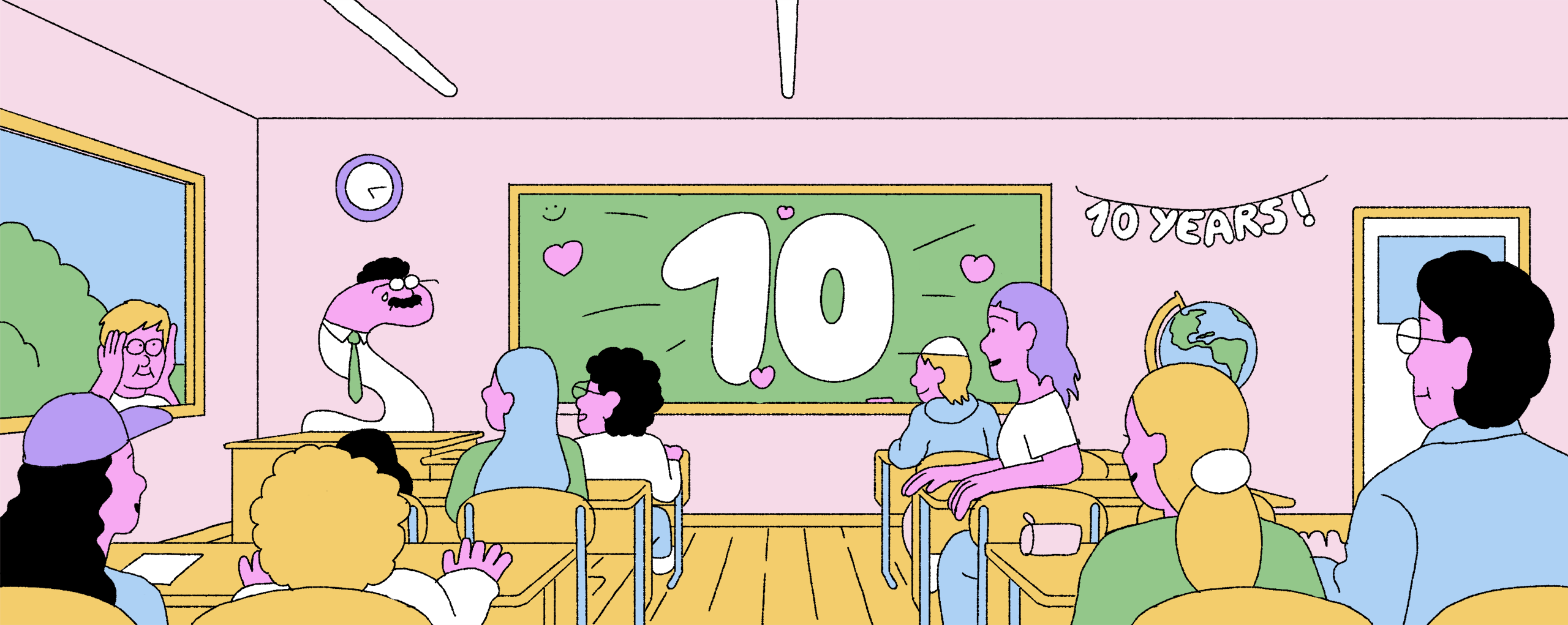 Ilustração de uma sala de aula com um 10 escrito na louça