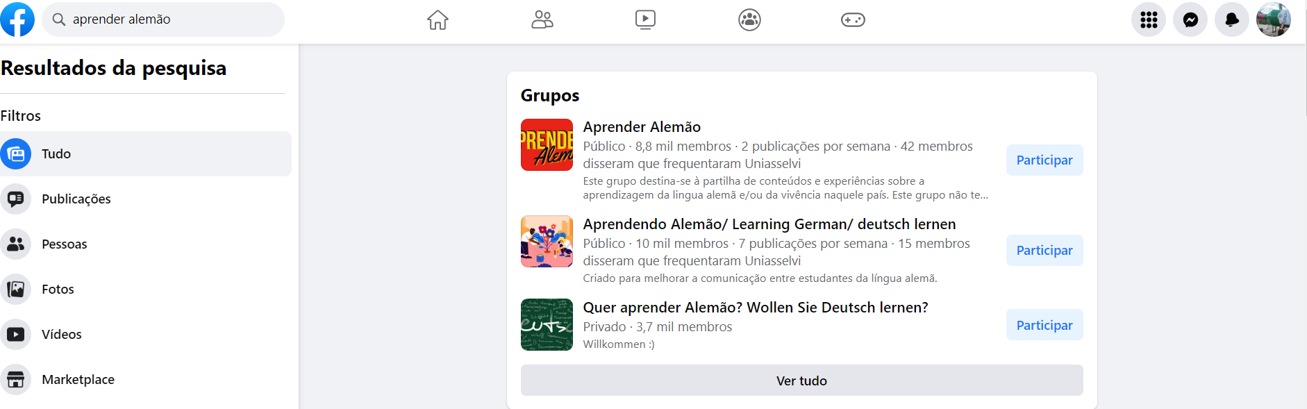 Print do Facebook com grupos destinados a estudantes de alemão