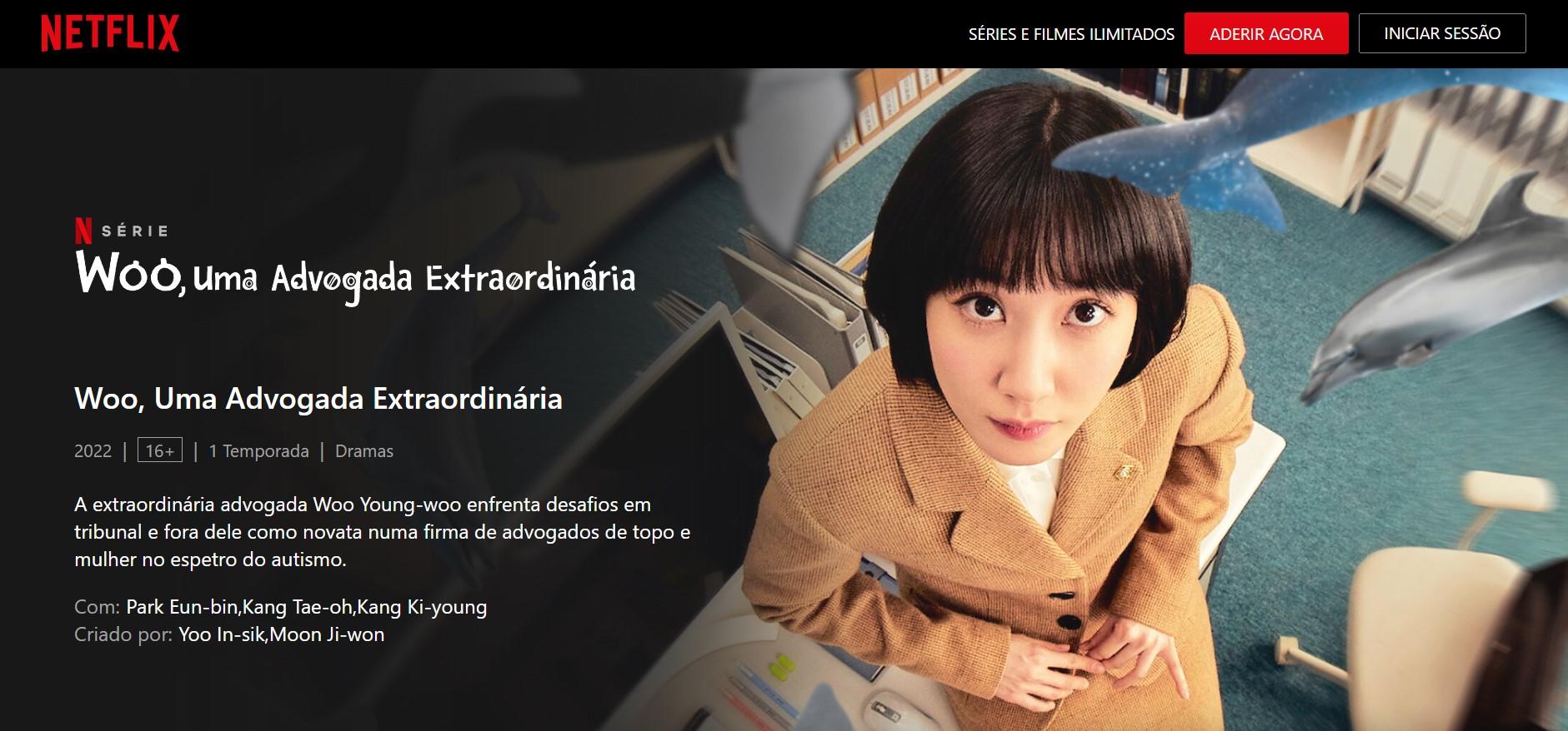 Print screen da página da netflix com a descrição da série Uma Advogada Extraordinária.