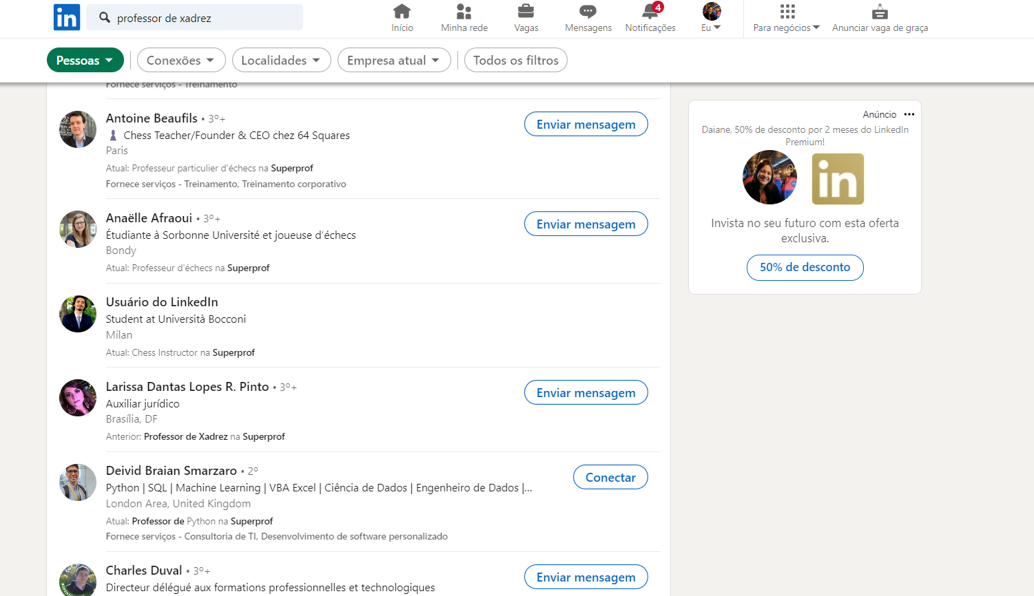 Print com tela com nome de professores de xadrez