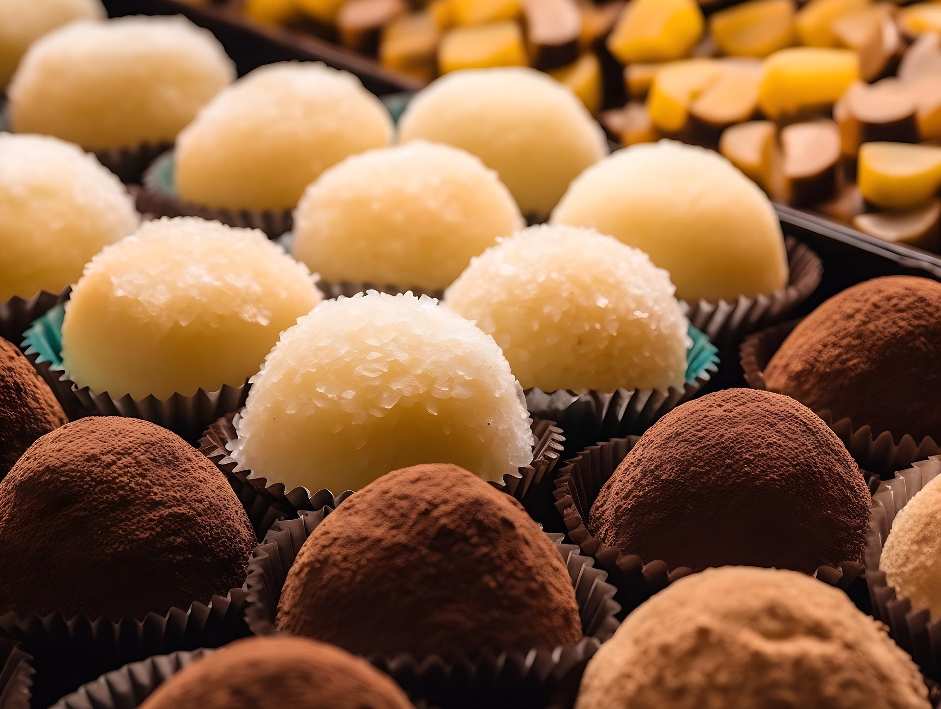 Foto com diversos brigadeiros brancos e de chocolate.