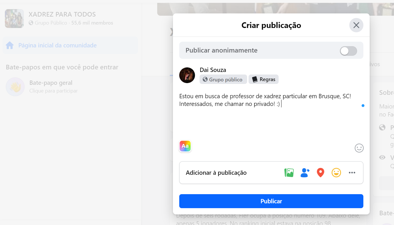Print de publicação em grupo do Facebook