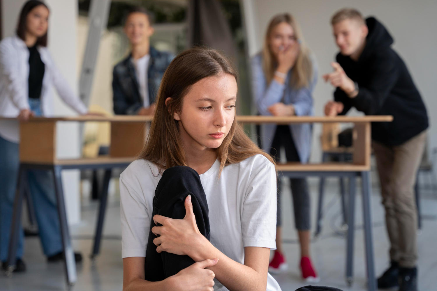 Menina sofrendo bullying no colégio.