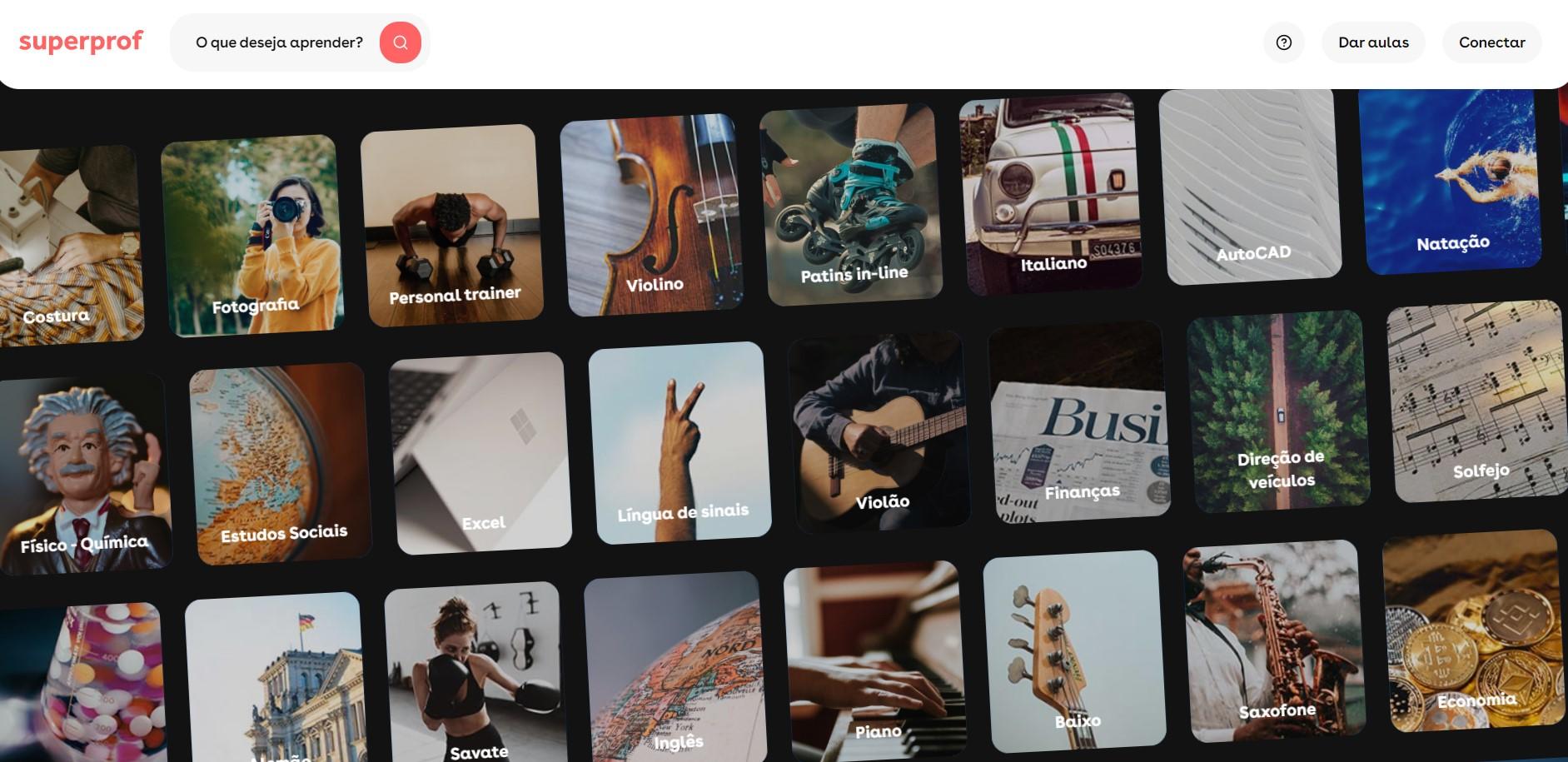 Print da página da SuperProf com as opções de aulas.