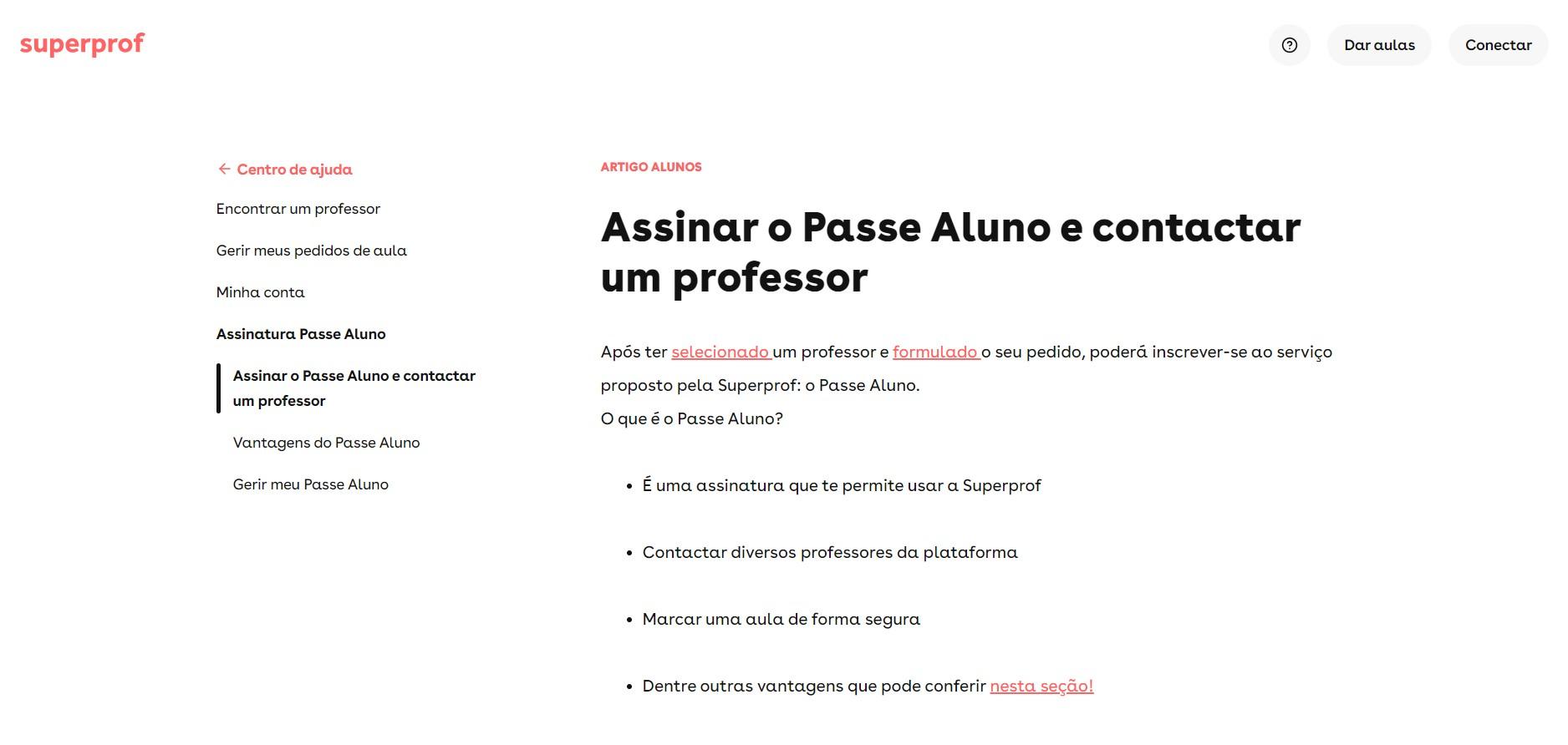 Print da tela do site Superprof BR sobre o Passe Aluno