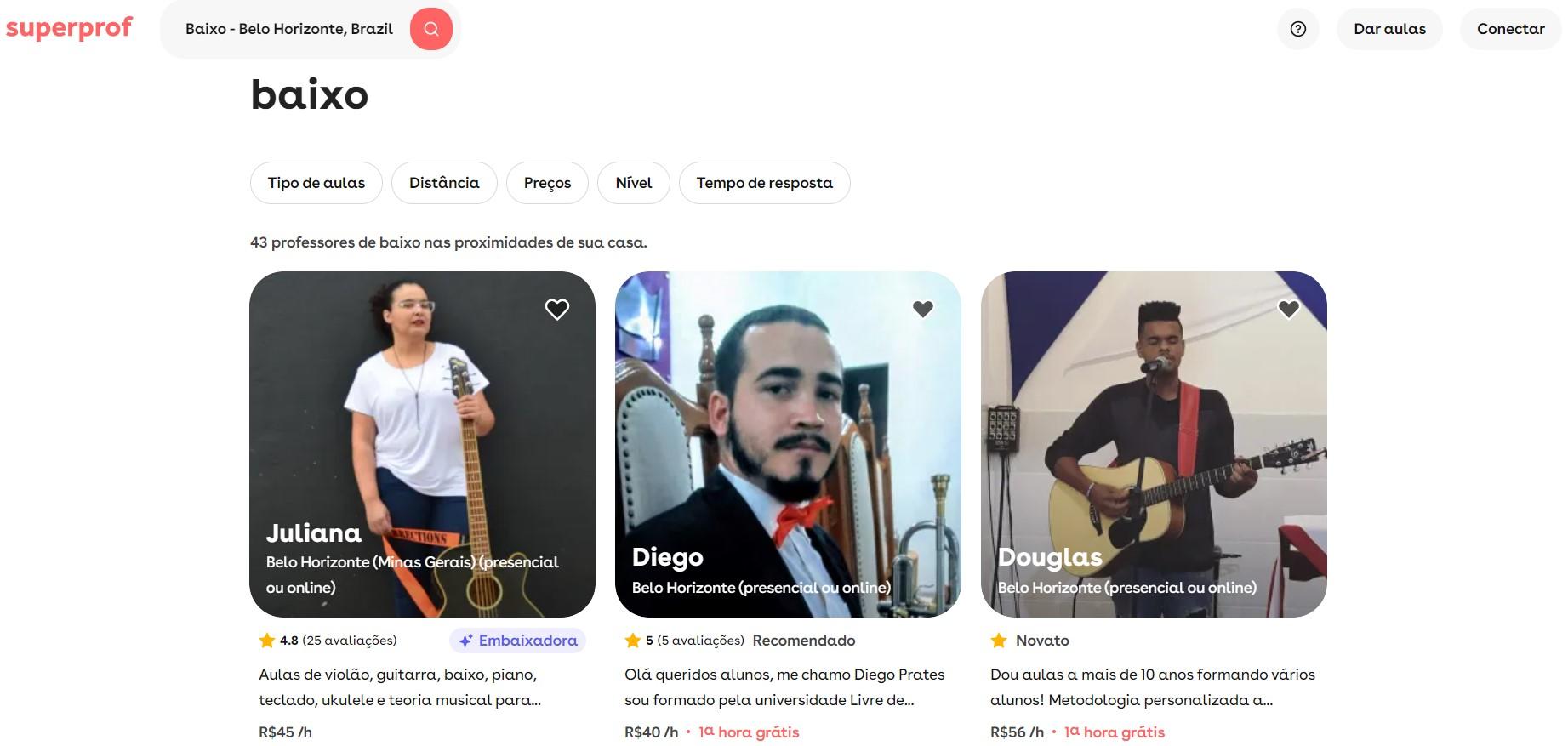 Reprodução da página do site da superprof com professores de baixo em Belo Horizonte.