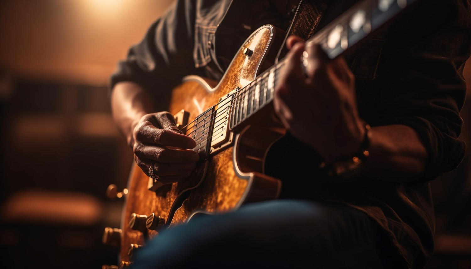 Músico tocando baixo de 6 cordas.