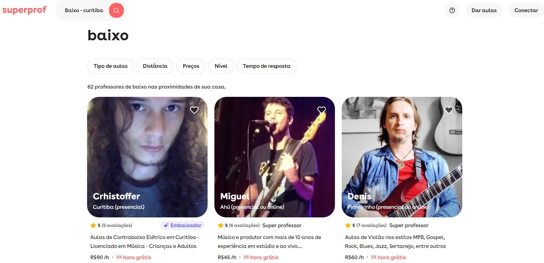 Reprodução do site Superprof BR, professores de baixo em Curitiba.
