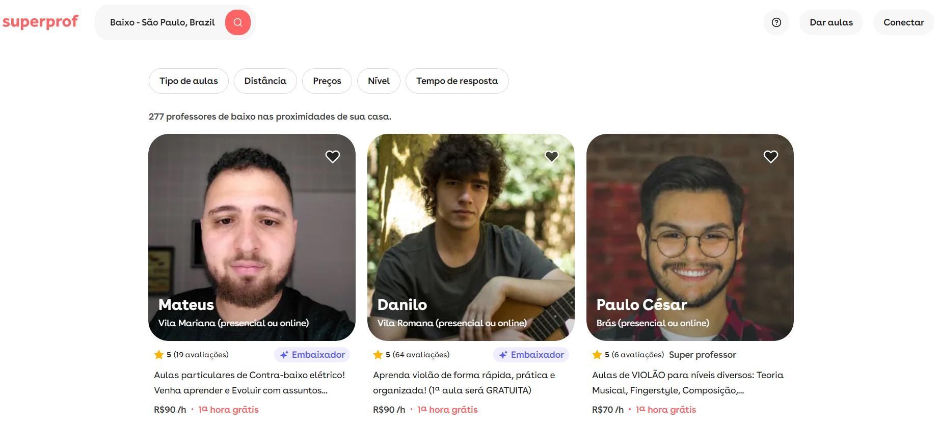 Print da tela do site da Superprof com professores de baixo em São Paulo.