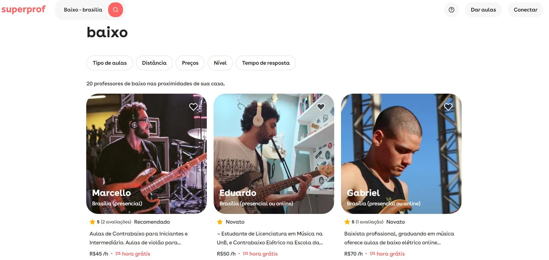 Reprodução da página da Superprof, professores de baixo em Brasília