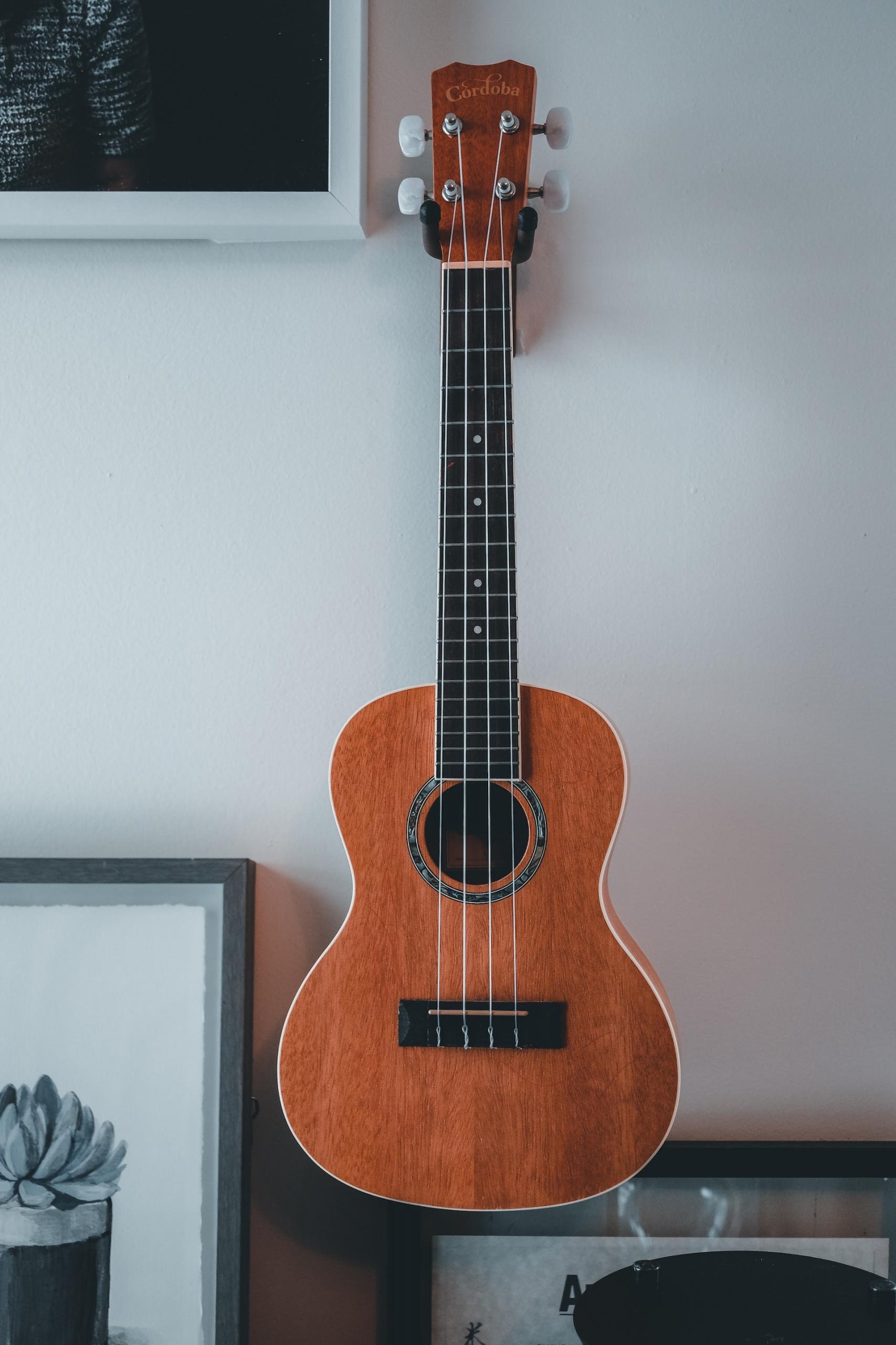 Cavaquinho em uma parede com quadros.