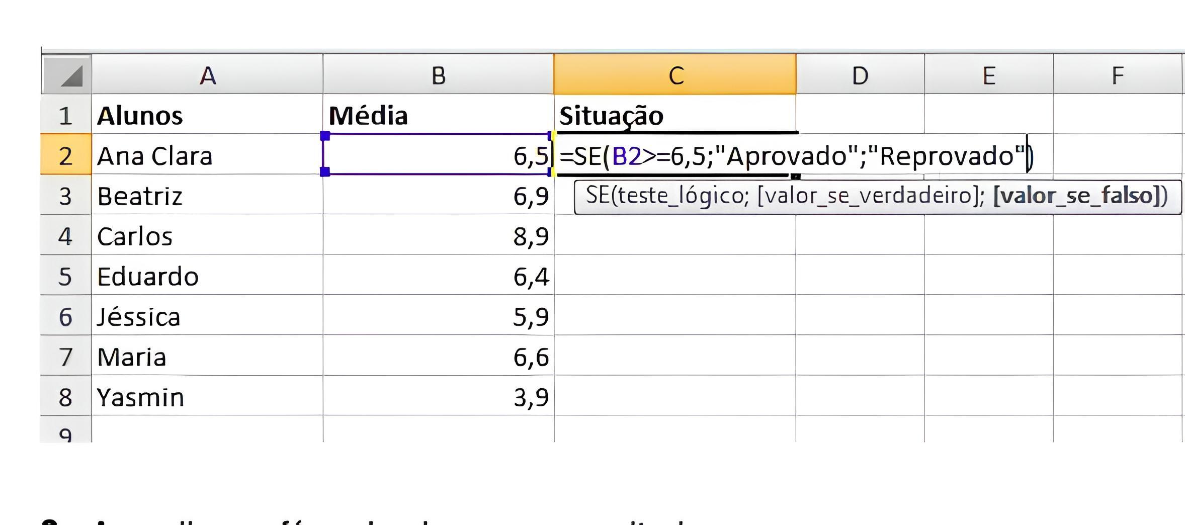 Imagem de uma tabela Excel (função SE)