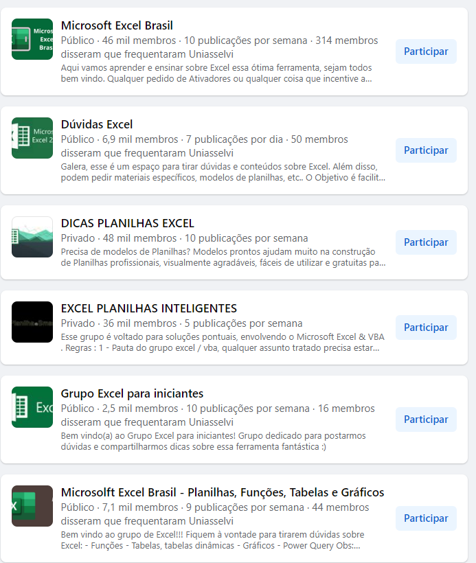 Print de grupo no Facebook de Excel