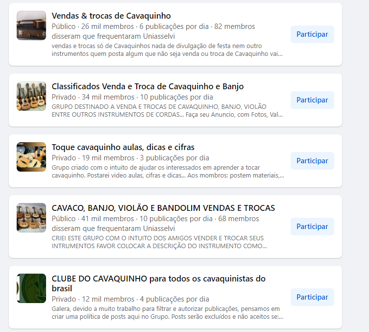 Print de grupos no Facebook para aprender cavaquinho
