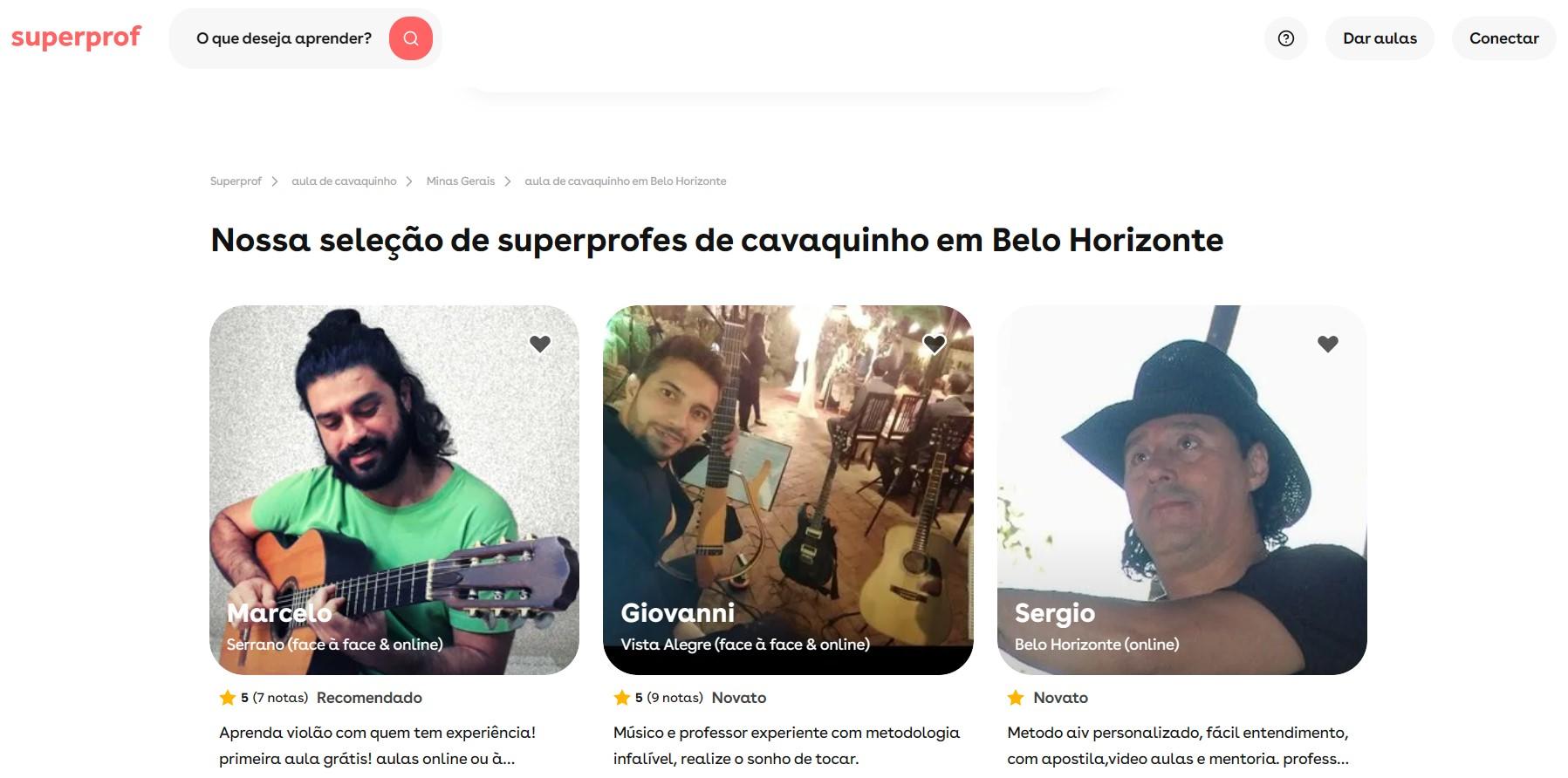 Página do site superprof com professores de cavaquinho em Belo Horizonte.
