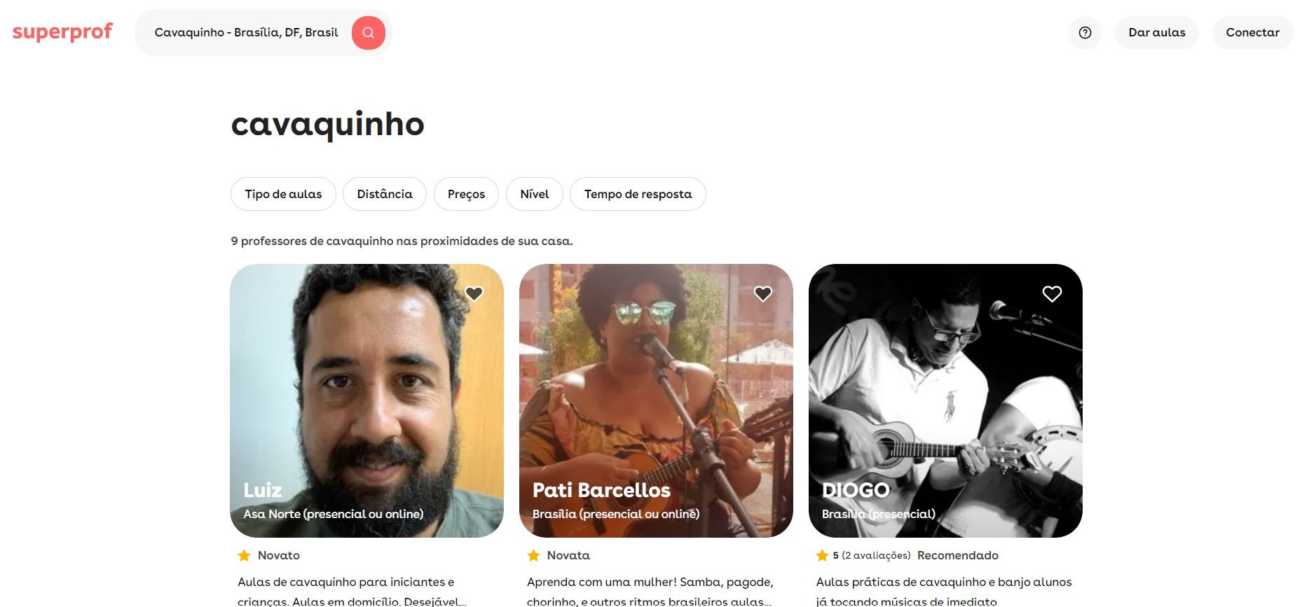 Reprodução da página da superprof com professores de cavaquinho em Brasília.