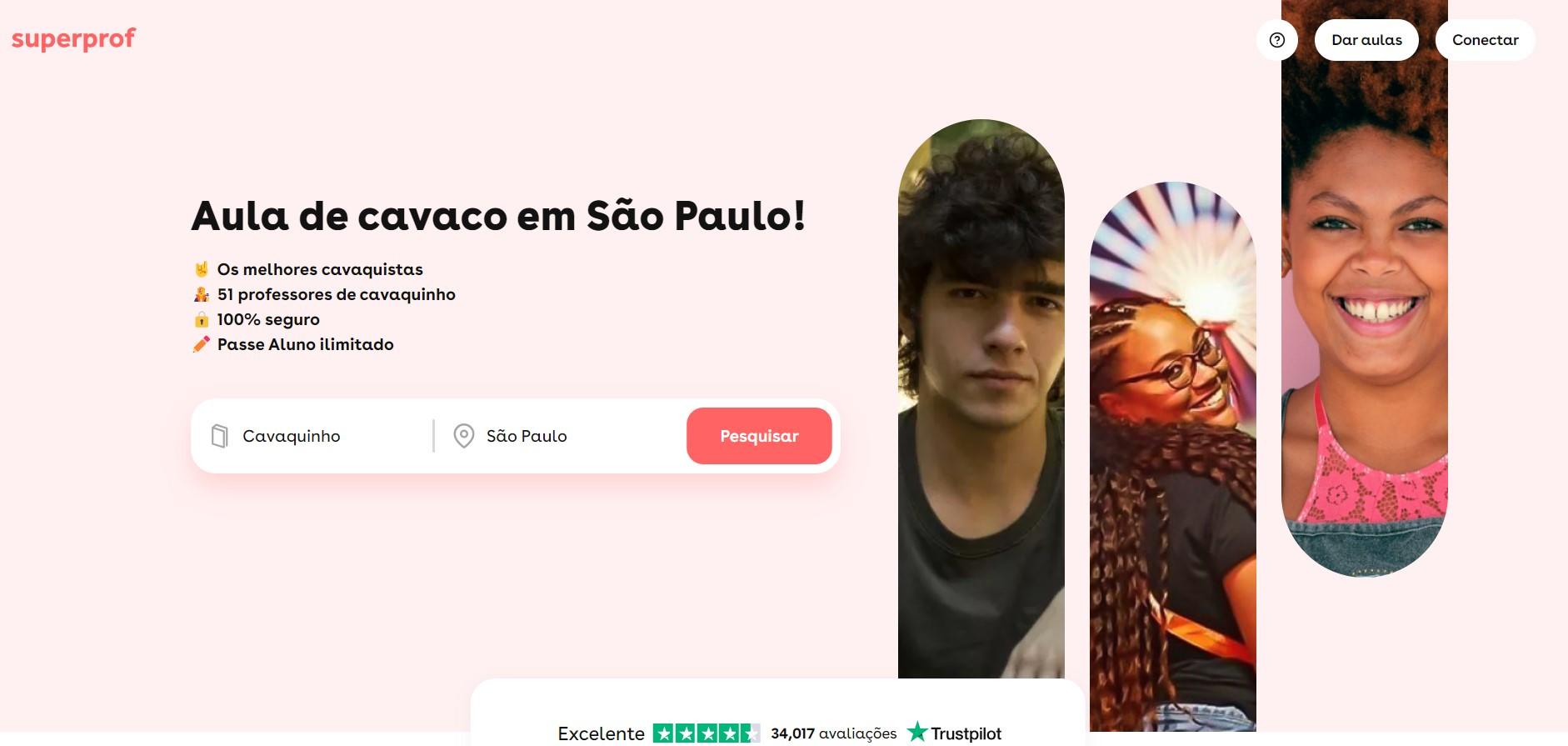 Página do site da superprof, professores de cavaco em SP