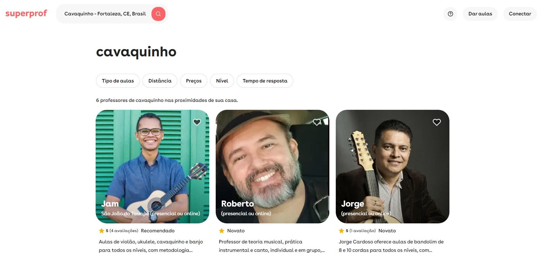 Reprodução da página dos professores de cavaquinho em Fortaleza no site Superprof