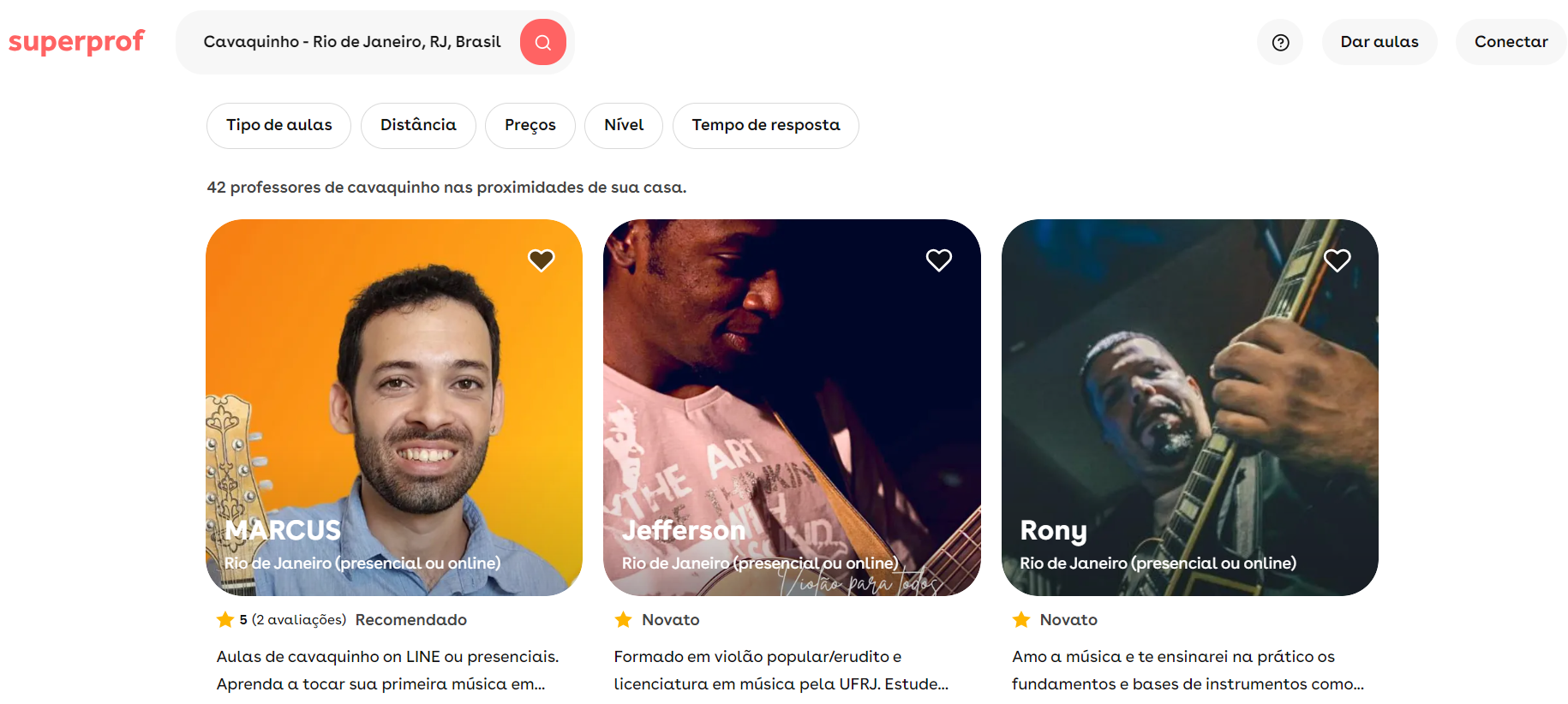 Reprodução da página da Superprof com professores de cavaquinho no RJ
