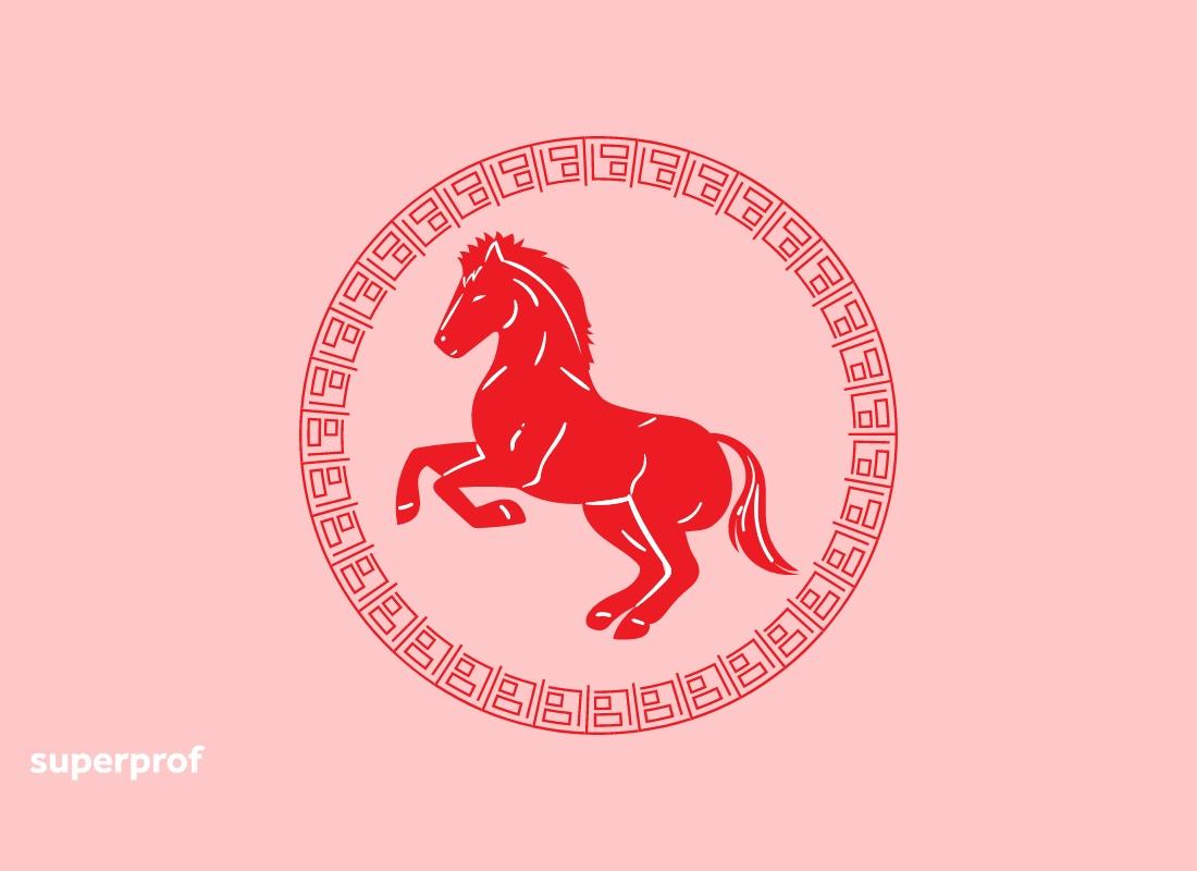 imagem de um cavalo vermelho em fundo rosa representando o signo chinês