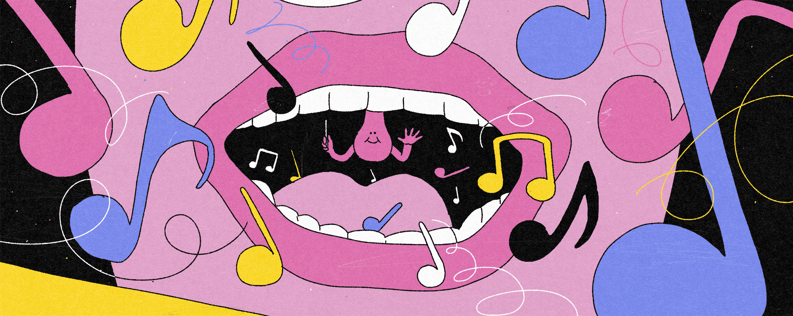 Imagem de uma boca nom notas musicais saindo de dentro