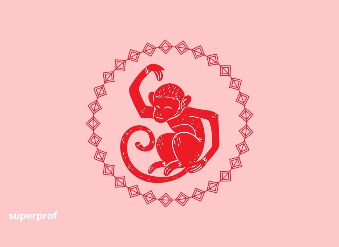 imagem de um macaco vermelho em fundo rosa representando o signo chinês