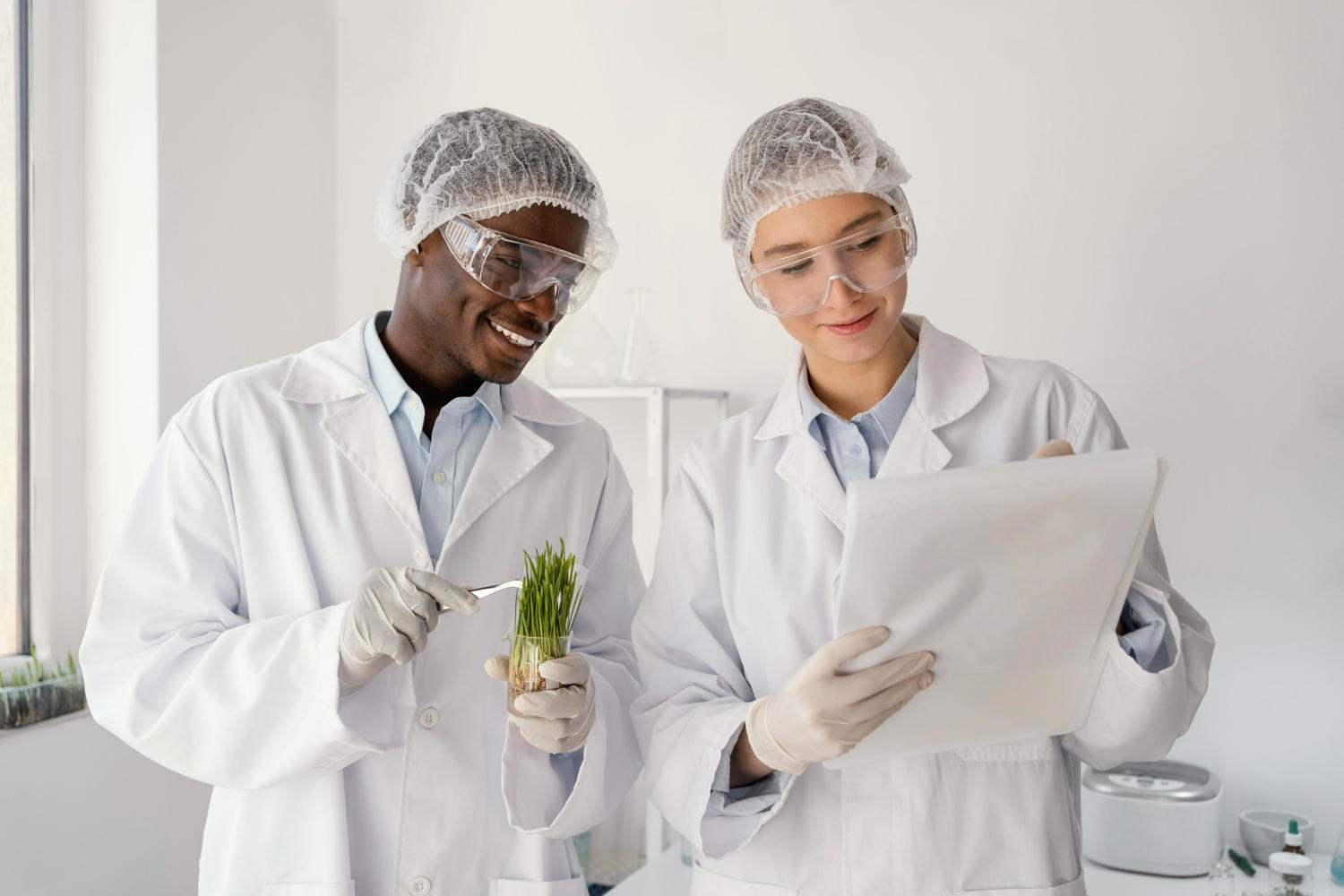 Cientistas estudando plantas e alimentos