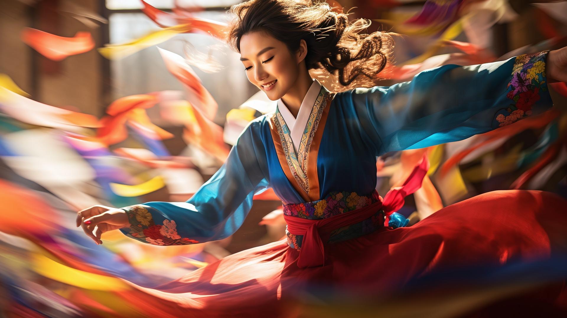 Imagem de uma mulher coreana dançando em um festival
