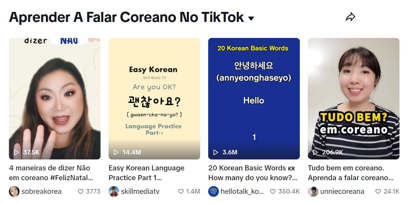 Print da tela do tiktok com a pesquisa de aprender a falar coreano.