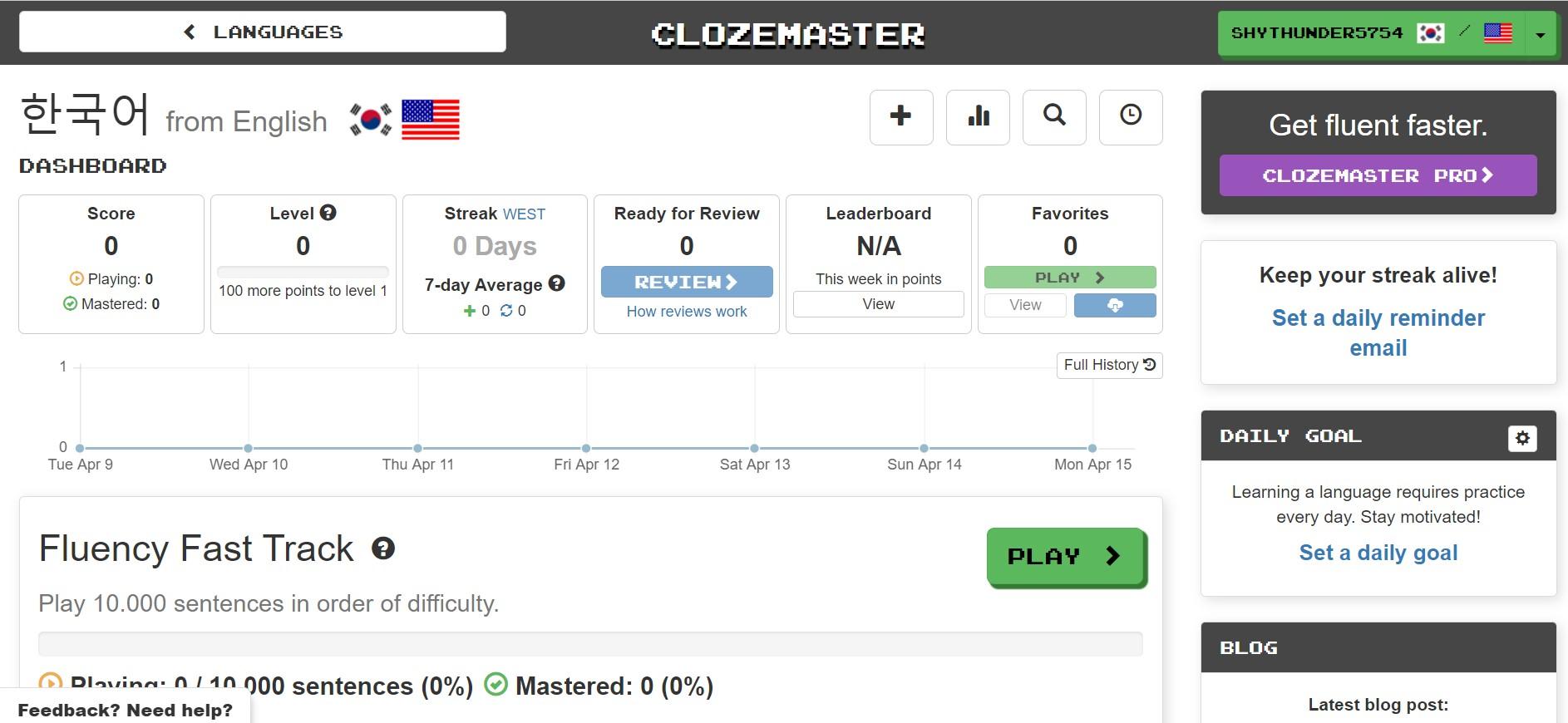 Reprodução da página do site do Clozemaster