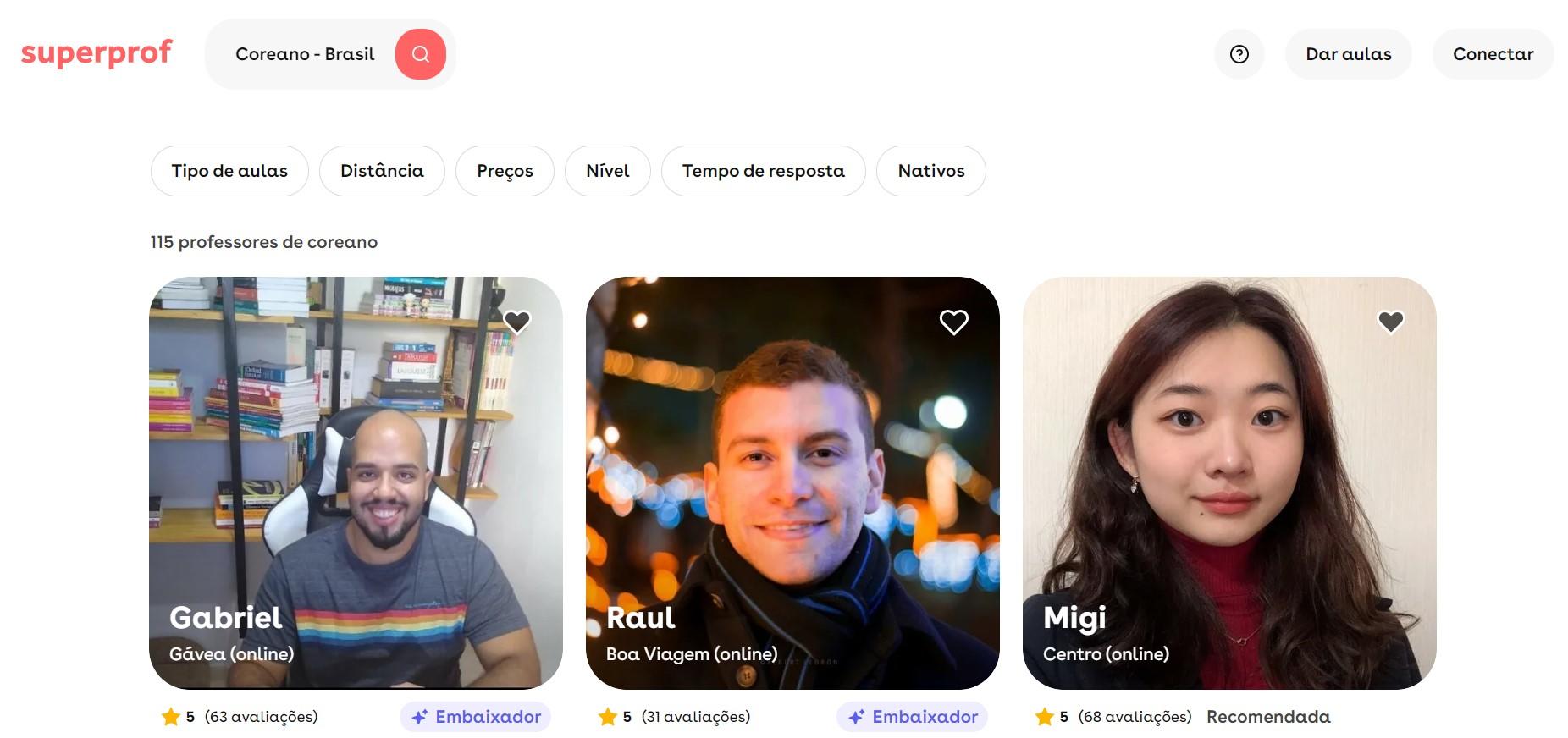 Print da página superprof com professores de coreano no Brasil.