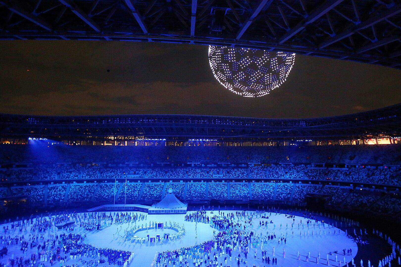 Foto da primeira parte da cerimônia de abertura dos Jogos Olímpicos de Tóquio.