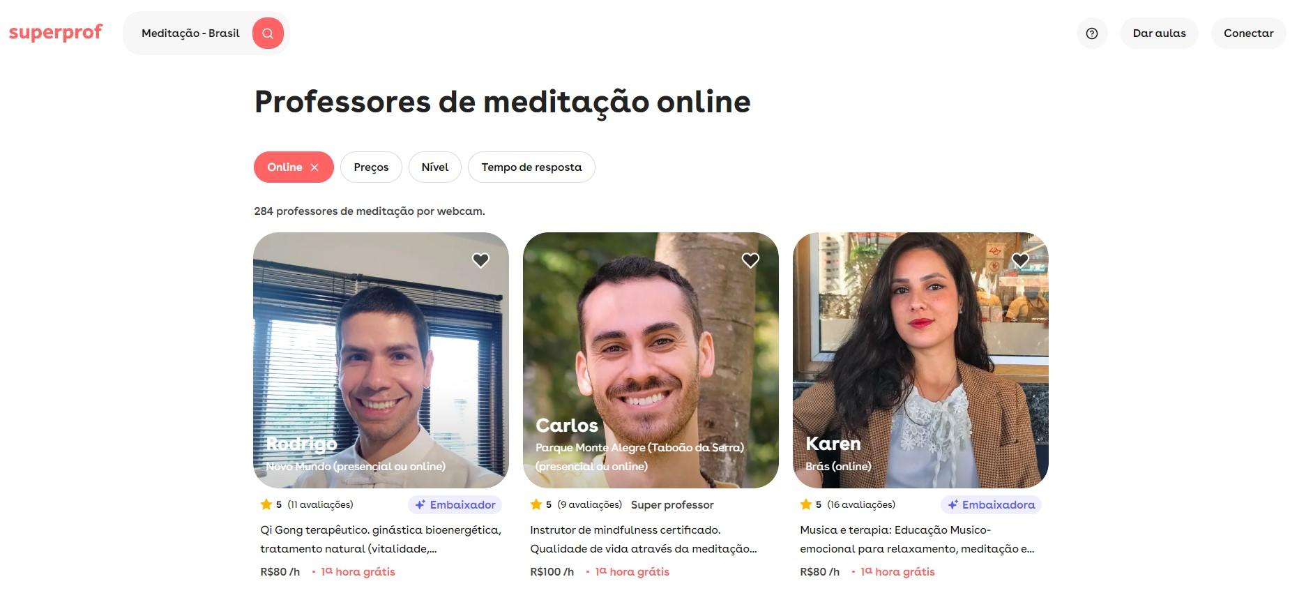 Printscreen da página da Superprof com alguns professores de meditação