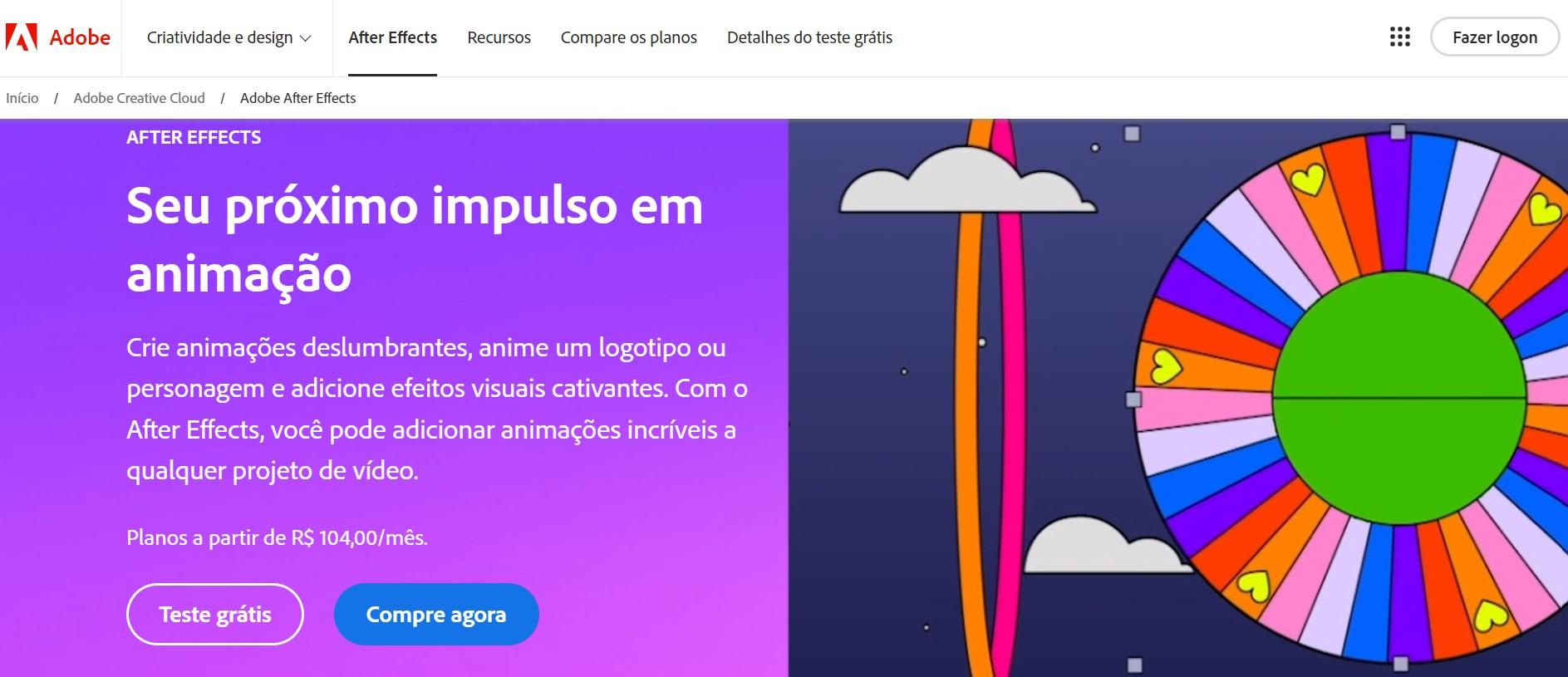 Print screen da página da Adobe apresentando o software After Effects
