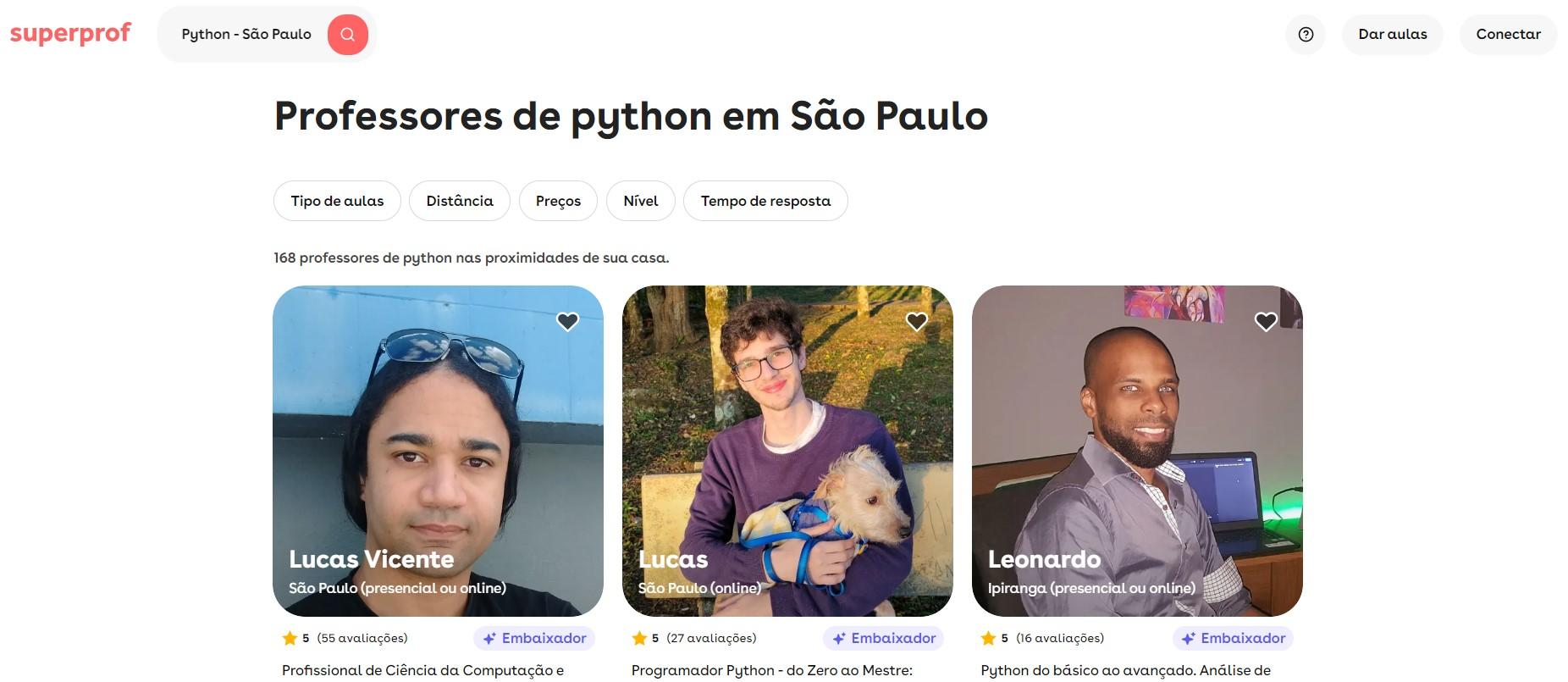 Reprodução da página do site da Superprof com o filtro de professores de Python em São Paulo