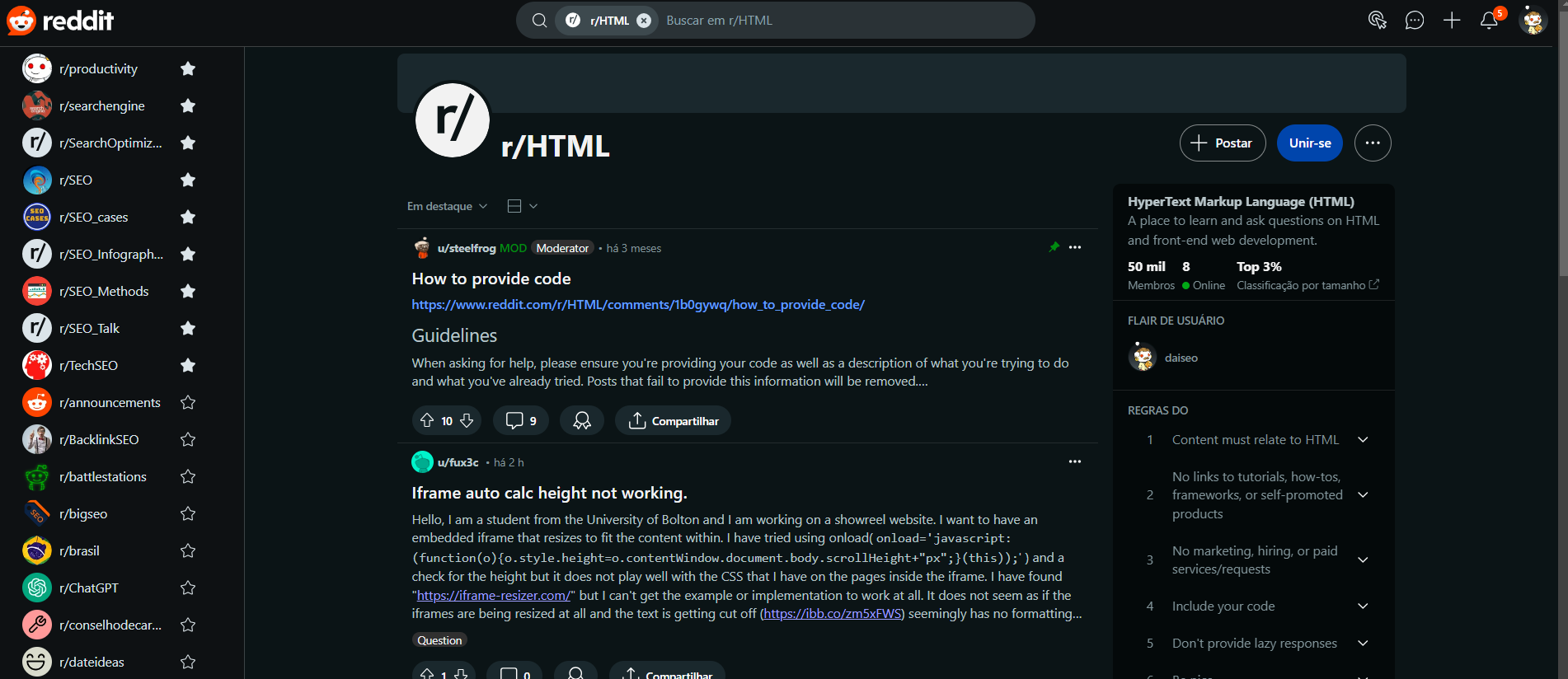 Print de grupo de HTML no Reddit
