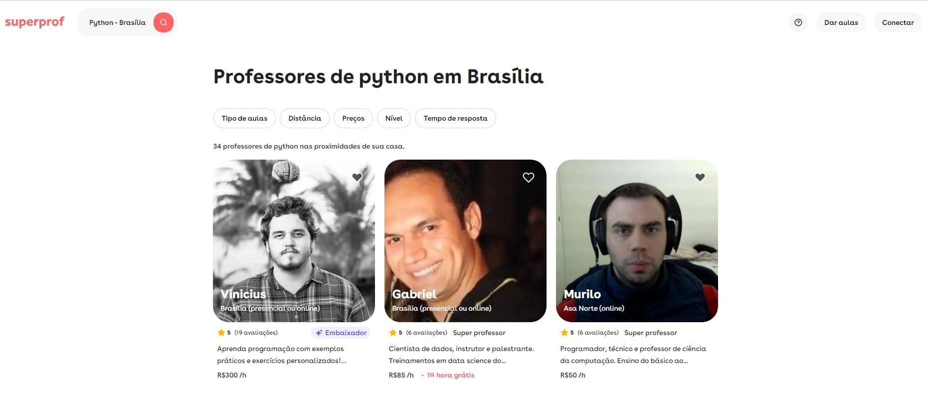 Página da superprof com foto dos professores de Python em Brasília