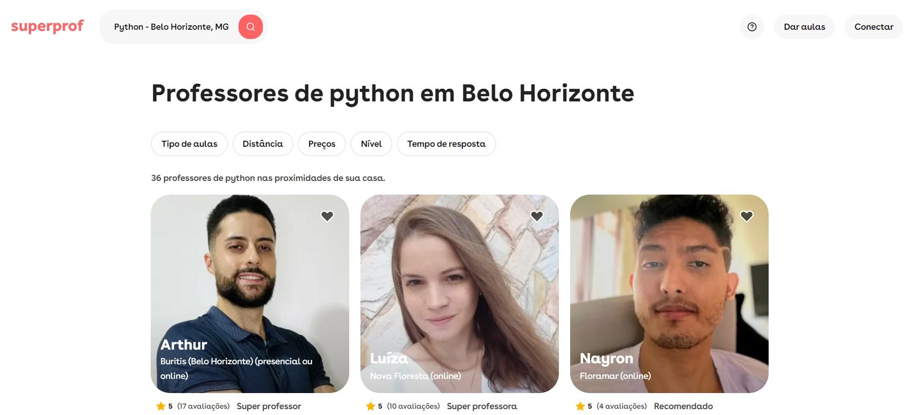 Página da Superprof com o filtro de professores de Python em Belo Horizonte.