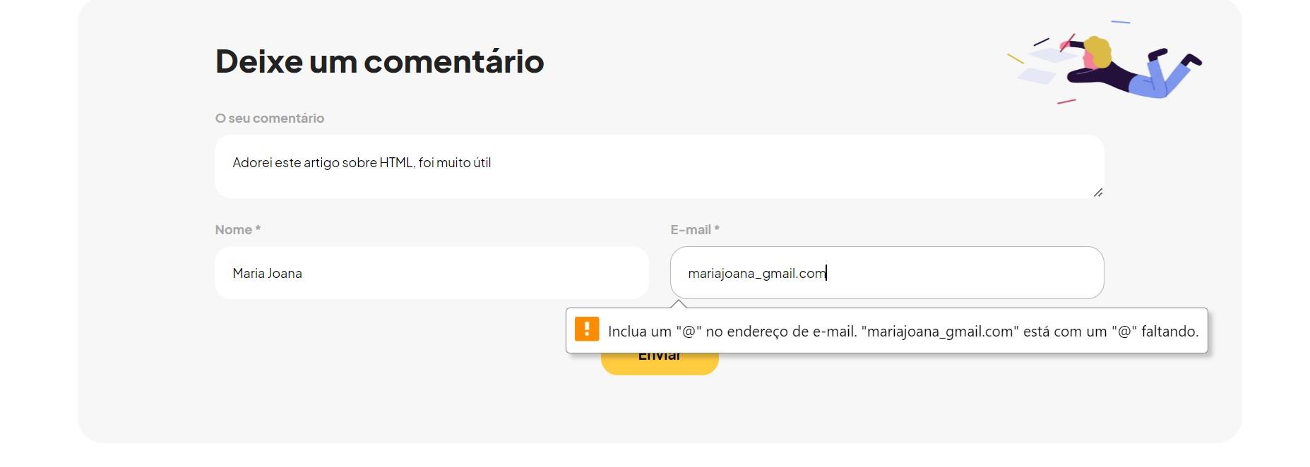 Página de comentários da página da Superprof com uma mensagem de erro na validação do email.
