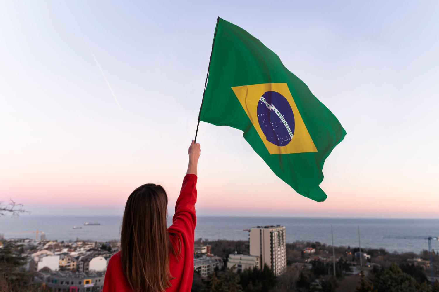 Mulher segurando a bandeira do Brasil.