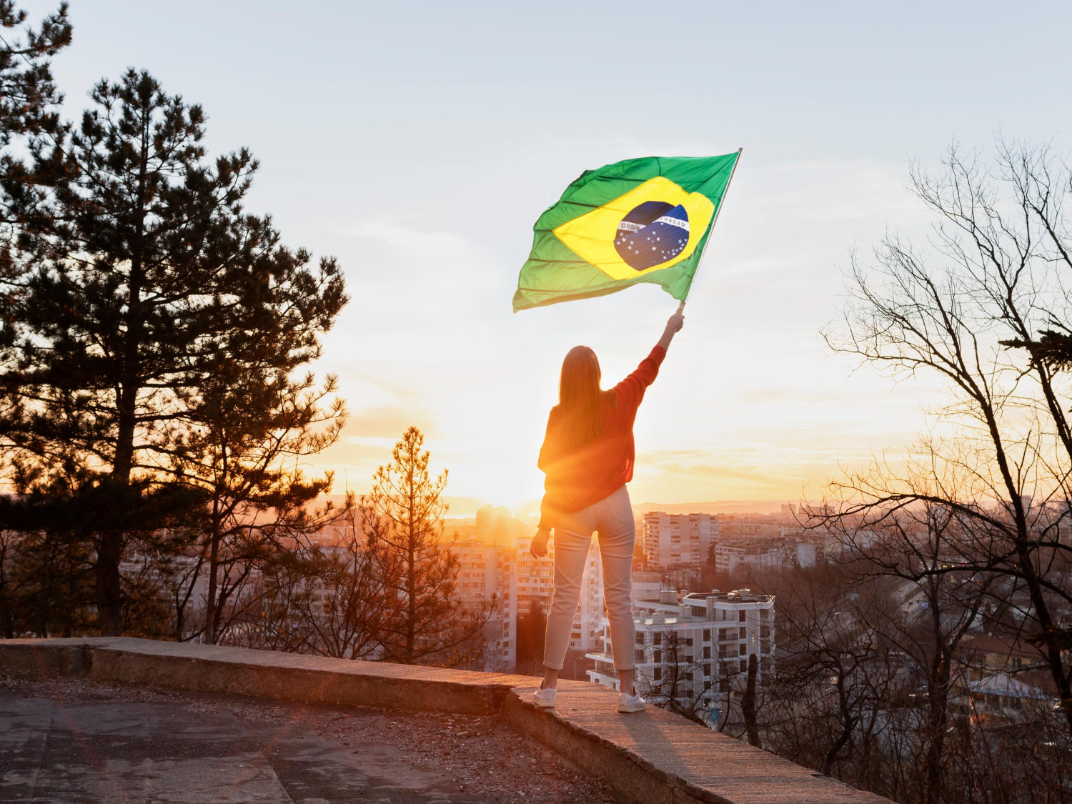 Mulher com a bandeira do Brasil em meio à natureza.