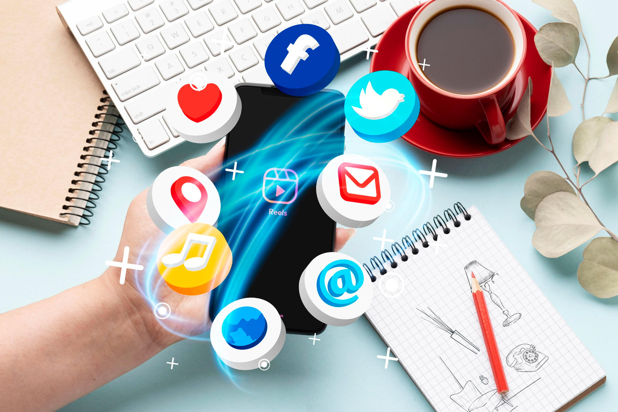 Símbolos das redes sociais ao redor do celular.