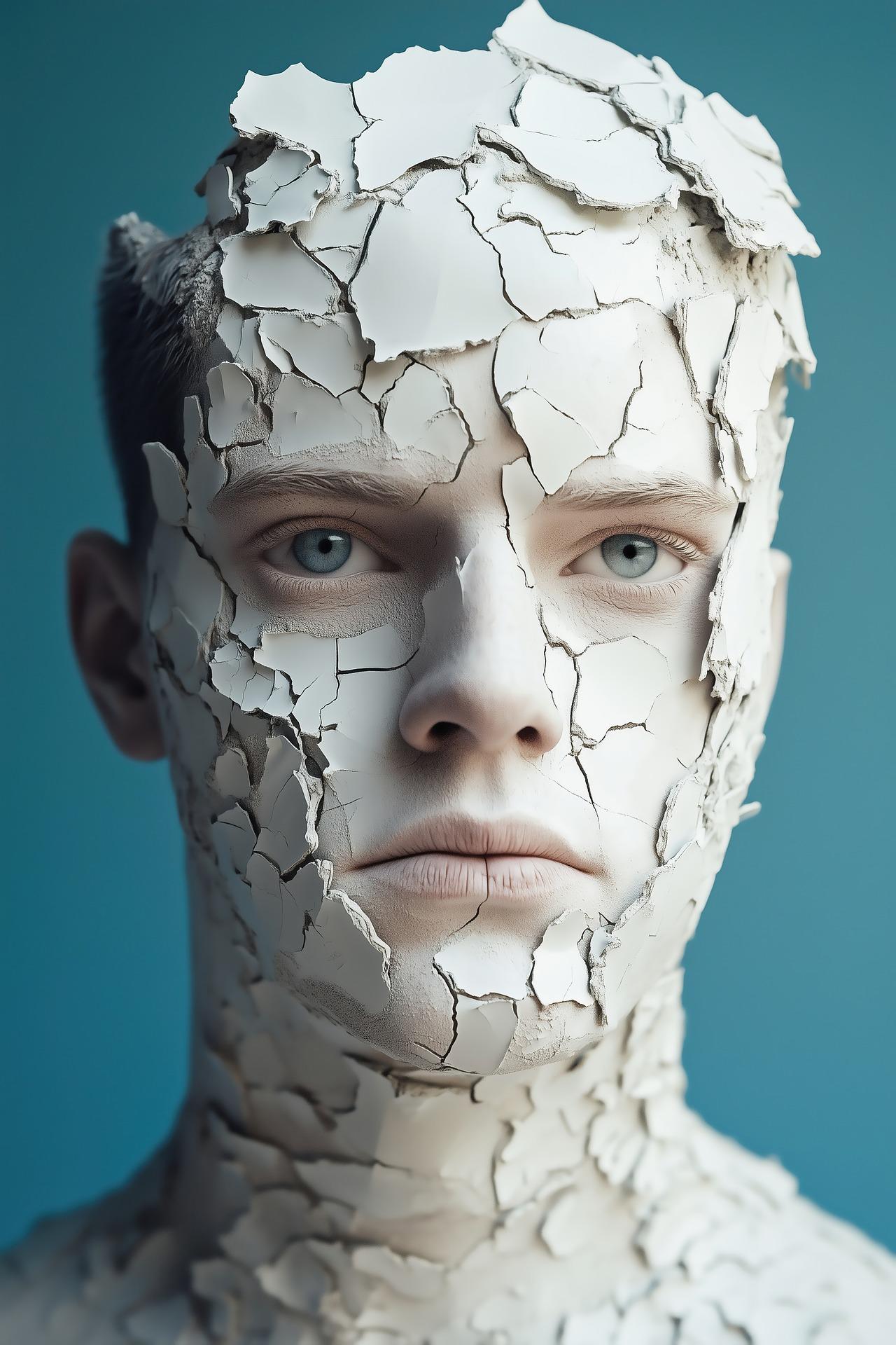 Homem coberto por uma argila seca craquelando.