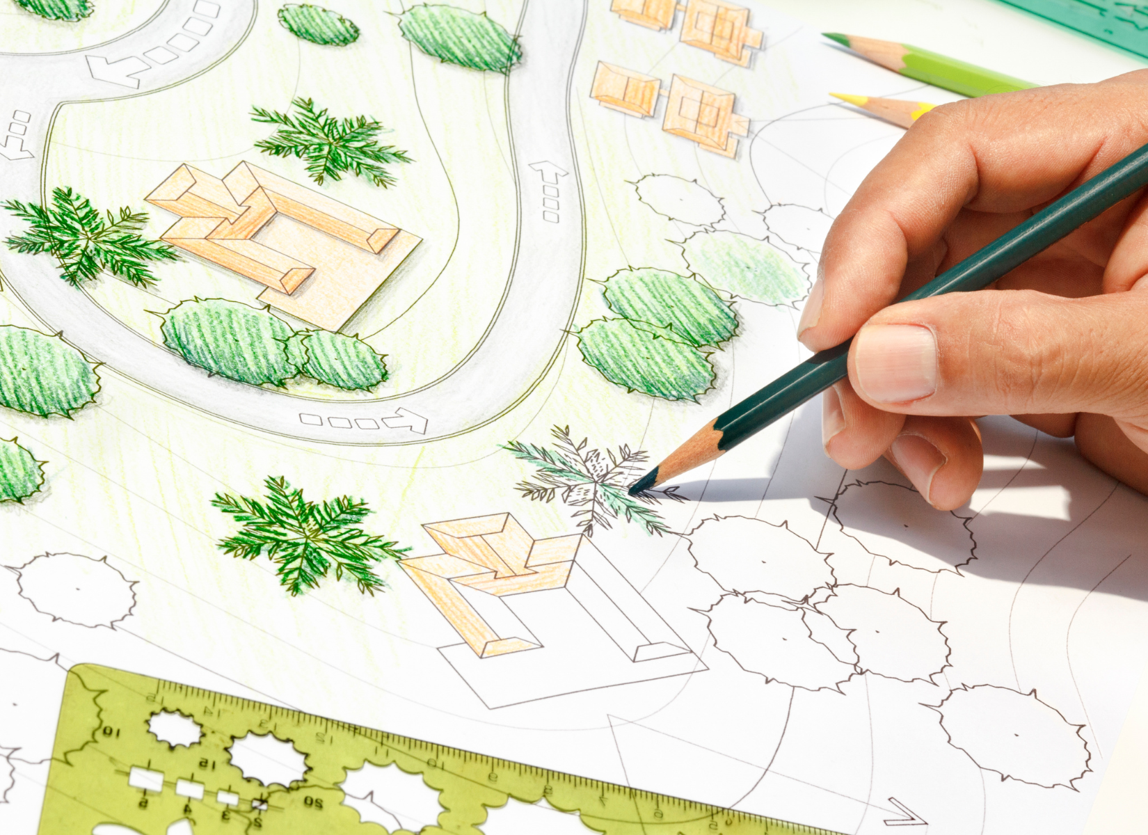 destaque ao centro d eum desenho arquitetura com árvores e uma mão fazendo o preenchimento das árvores em verde