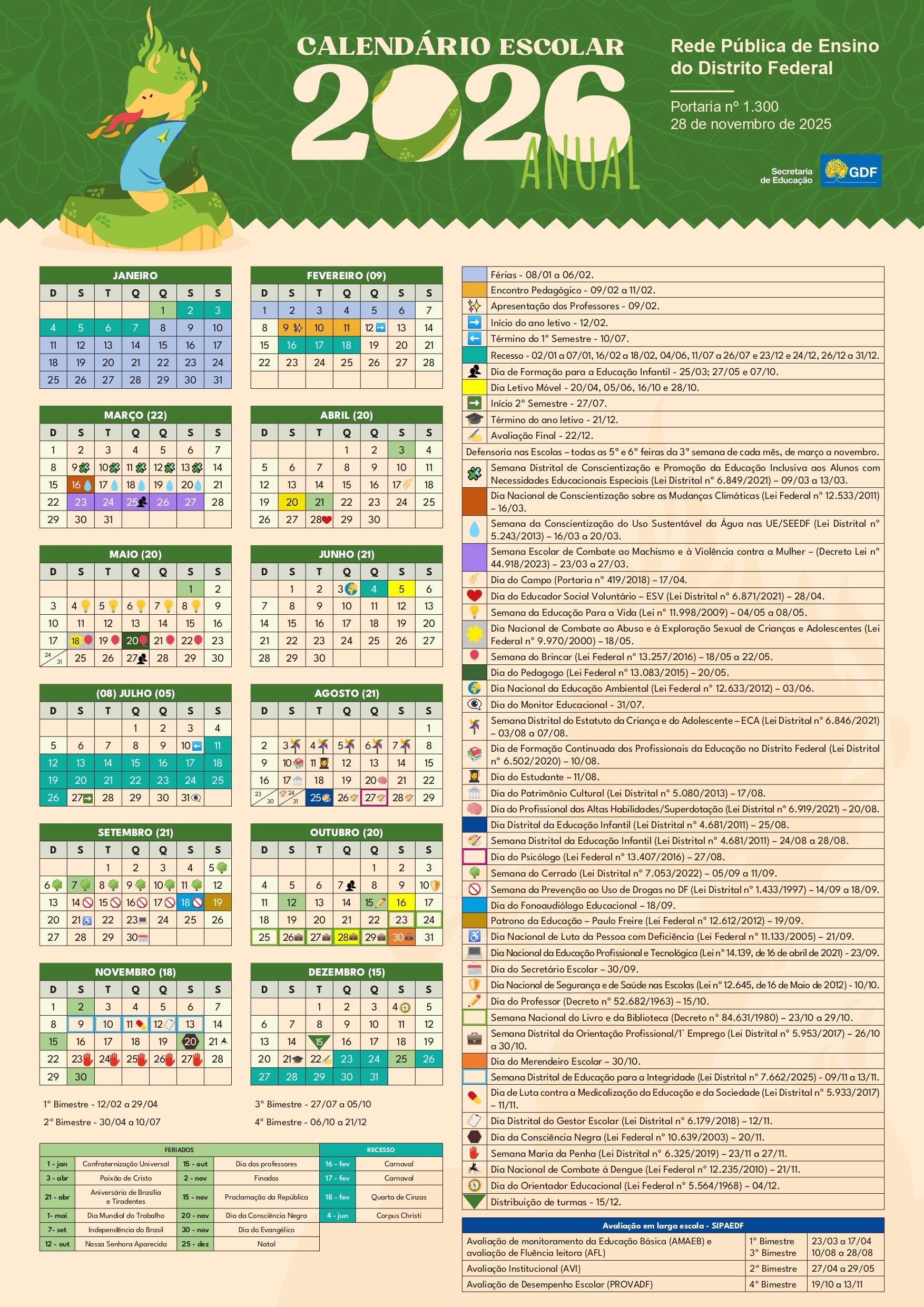 Calendário letivo escolar de Brasília. 
