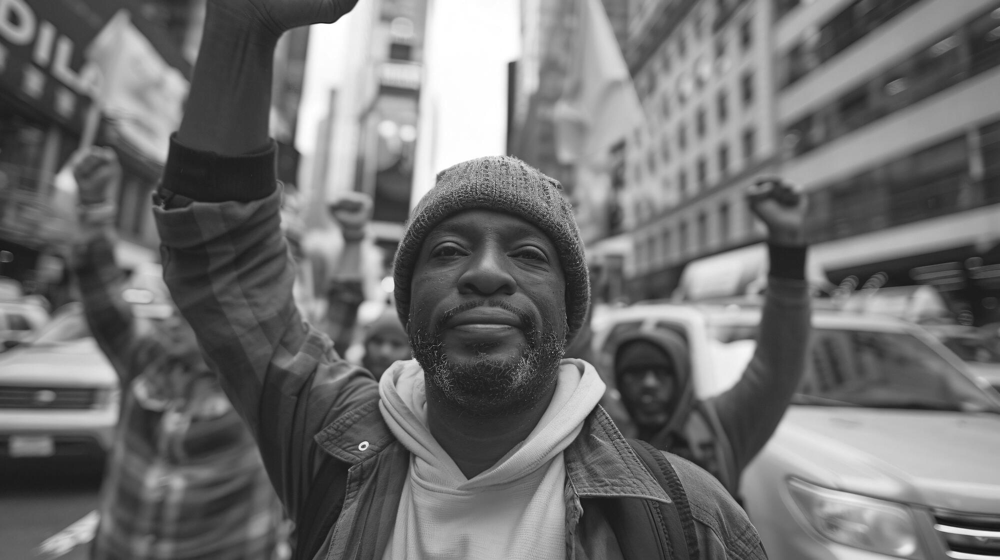 Homem participando do movimento em prol dos direitos da população afro-americana.
