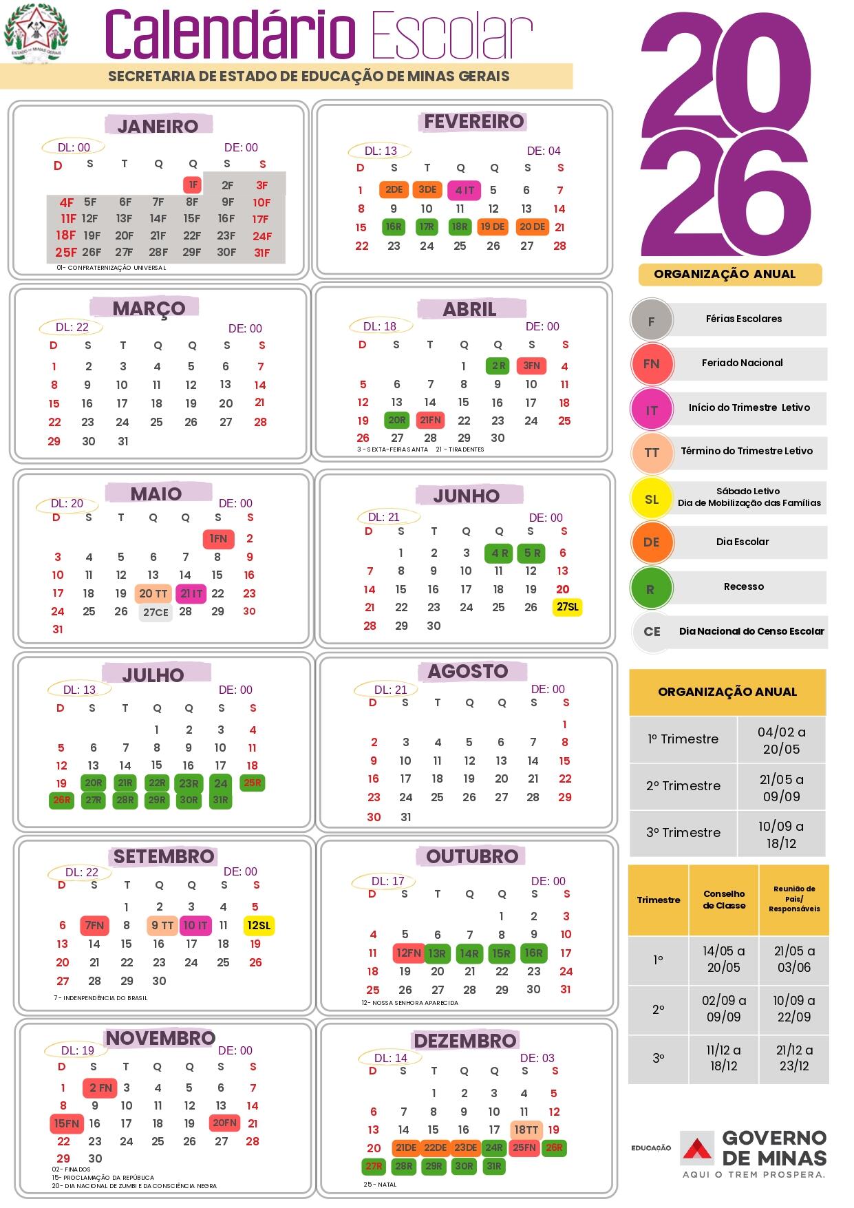 Calendário do ano letivo de Minas Gerais de 2026