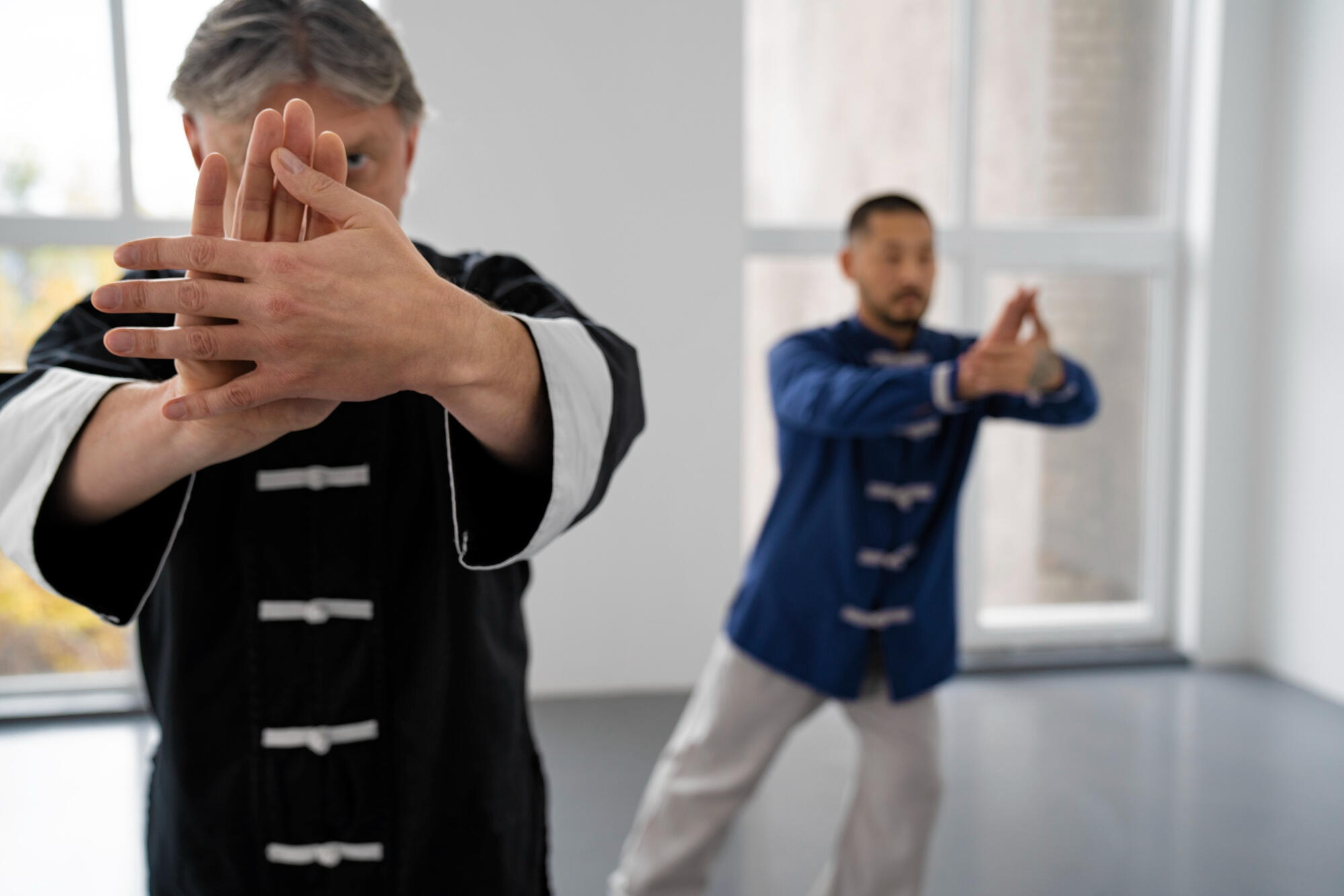 Duas pessoas praticando Tai Chi Chuan em uma sala. 